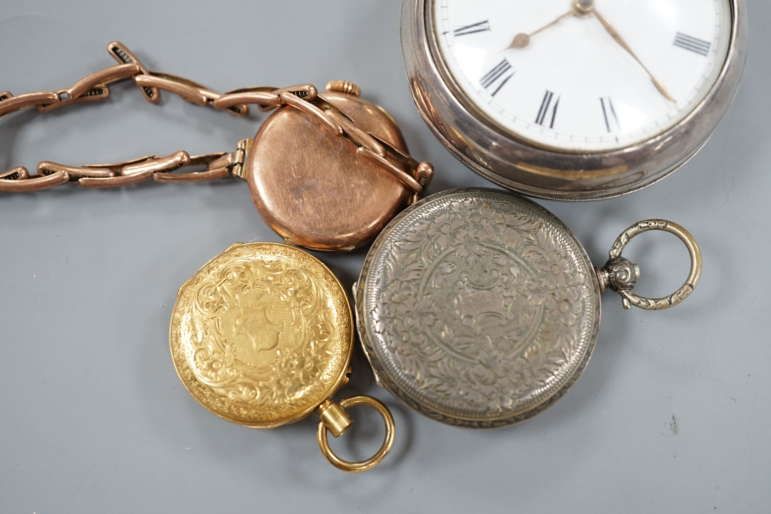 An 18k fob watch(a.f.) gross 20.4 grams, a 9ct wrist watch on a 9ct expanding bracelet, gross 20.7 grams, a gold plated pocket watch, an 800 fob watch and a 19th century silver pair cased verge keywind pocket watch, by J